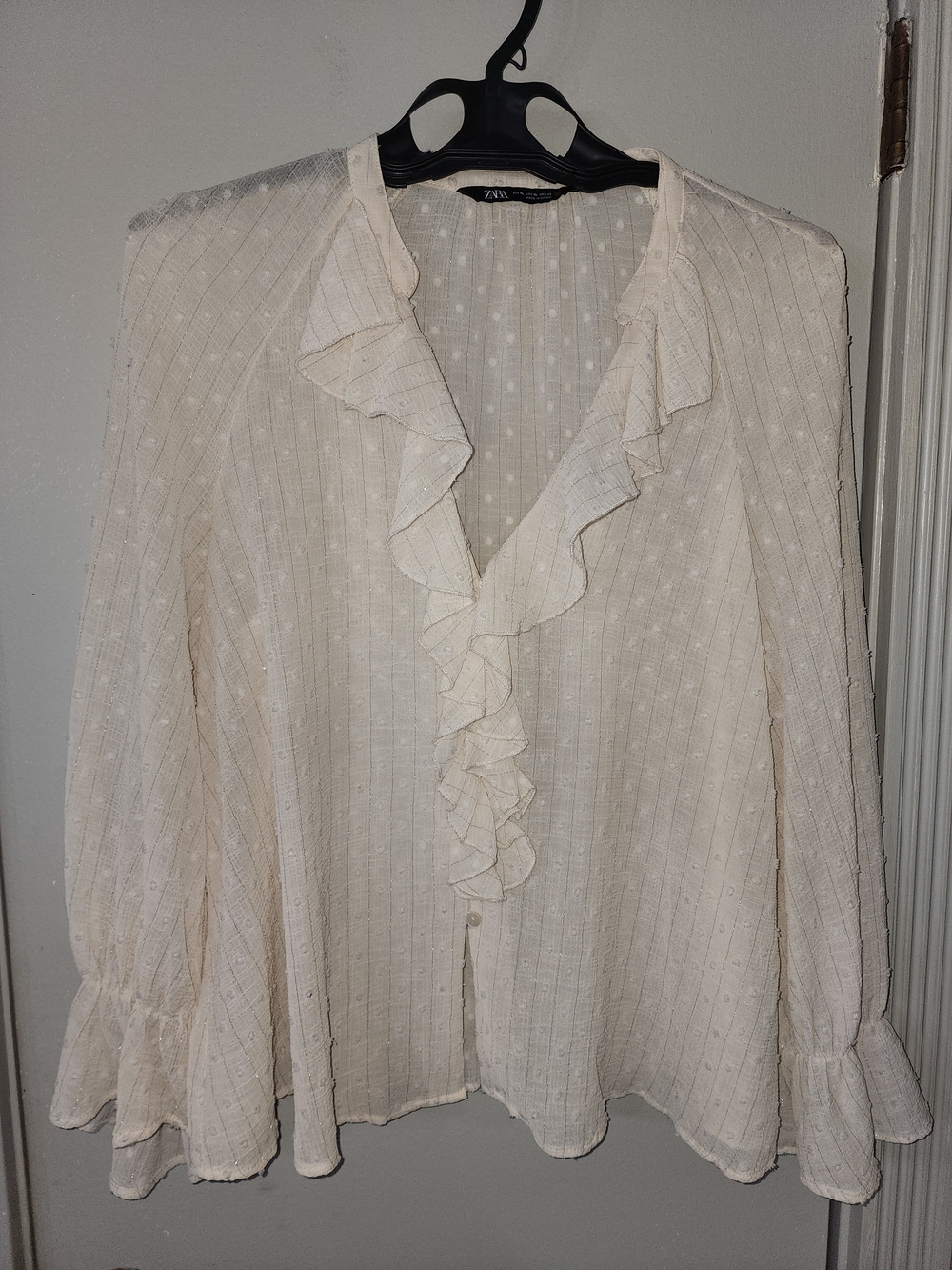 Zara Ivory Ruffle Front Sheer Blouse - Picture 3 of 12
